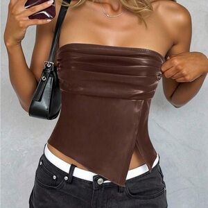 SHEIN Chocolate Brown Strapless Leather Crop Top